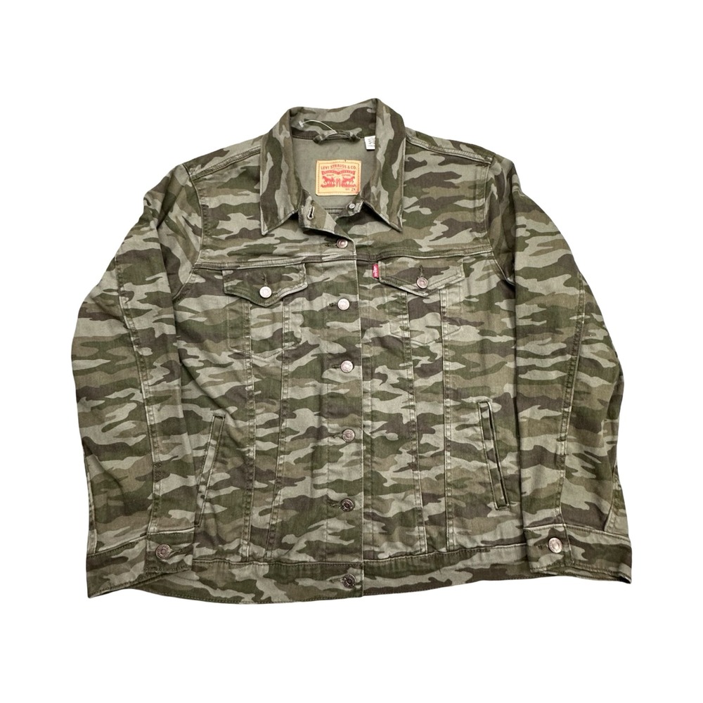 Levi's Denim Jacket Women 2X Green Camo Trucker Jacket 72765-0010 Military Style